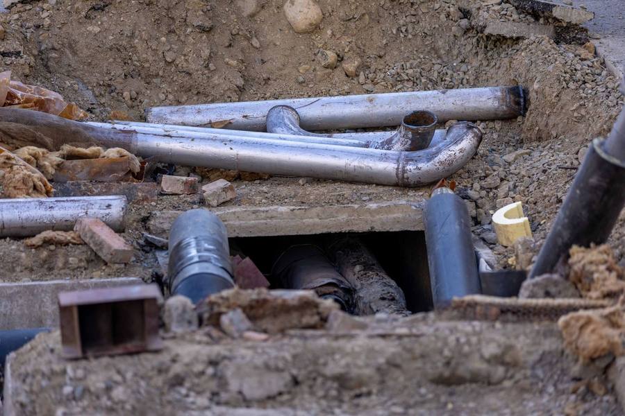Close-up of pipework at an excavation