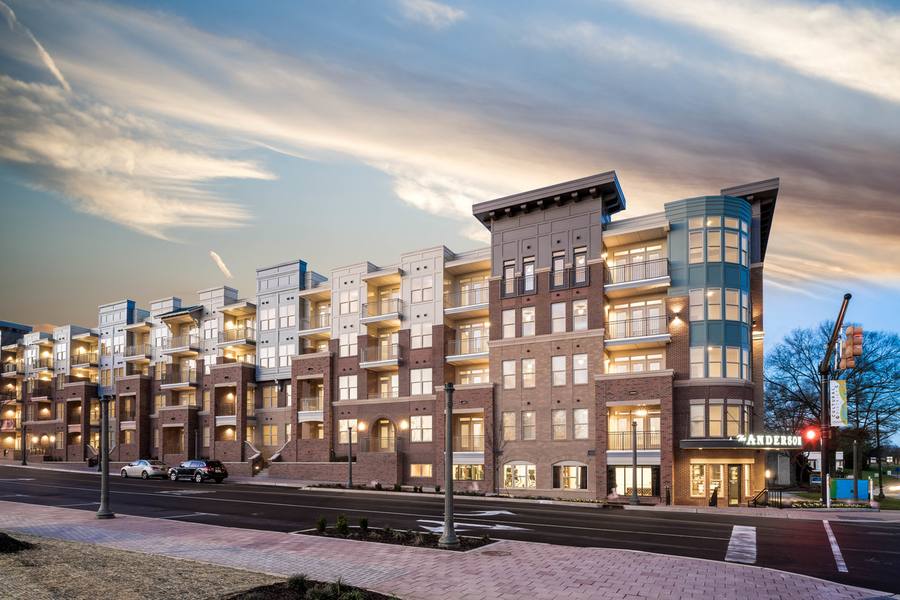 The Anderson building in downtown Rock Hill, South Carolina at dusk